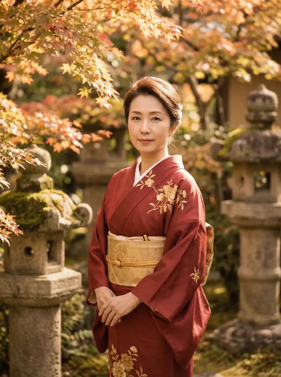 一位身穿暗红色和服的优雅 九色tv | 九色tv官方平台-今日热点九色tv爆料专区 在日式庭院中